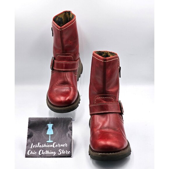 Fly London Women's Red  Leather Seku Wedge Buckled Ankle Boots Sz (5.5) 36 2907 - Picture 3 of 16